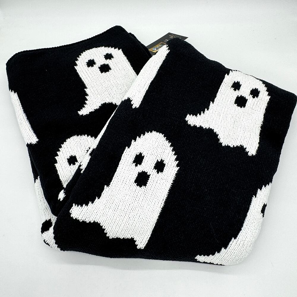 Cynthia Rowley Reversible Black & White Chenille Ghost Throw Blanket Halloween